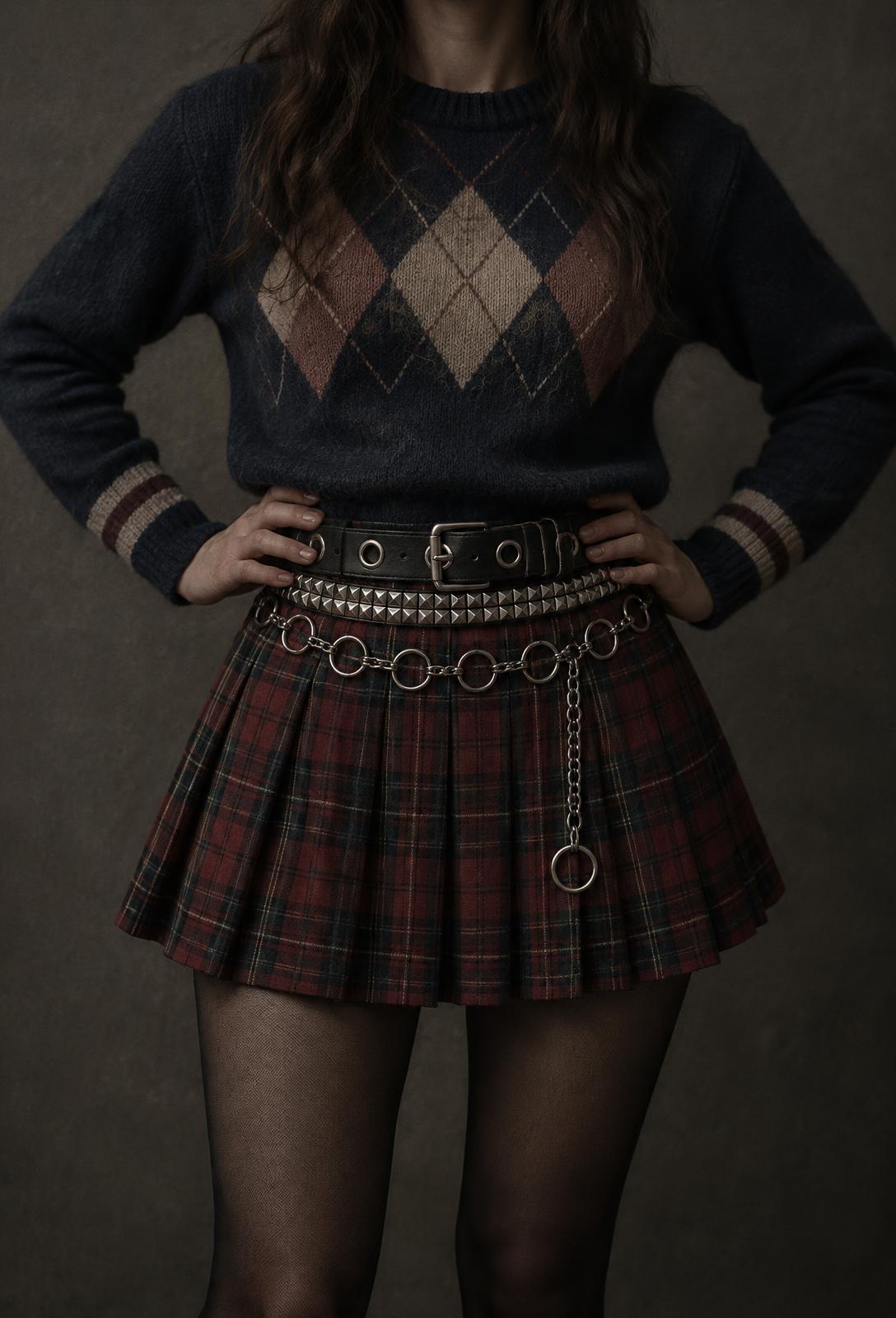 Argyle knit, tartan skirt and layered belts in a grunge-inspired outfit